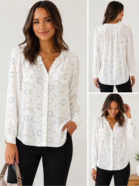 Worthington Tops - Worthington White Geometric Print Blouse Size L Long Sleeve Career Top